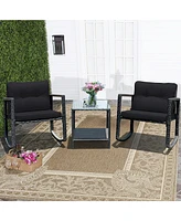 3PC Patio Rattan Conversation Set Rocking Chair Cushioned
