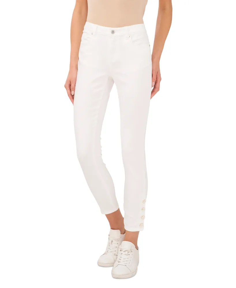 CeCe Women's Floral-Button Mid-Rise White Wash Skinny Jeans