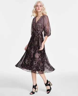 Dkny Women's Printed Faux-Wrap Balloon-Sleeve Dress