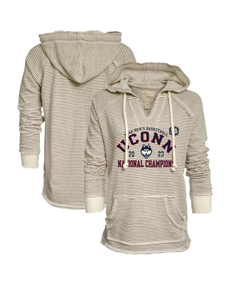 Women's Blue 84 Tan UConn Huskies 2023 Ncaa Men's Basketball National Champions Huntington French Terry V-Neck Pullover Hoodie