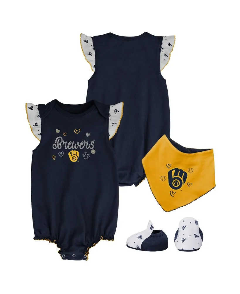 Girls Newborn and Infant Navy Milwaukee Brewers 3-Piece Home Plate Bodysuit, Bib and Booties Set