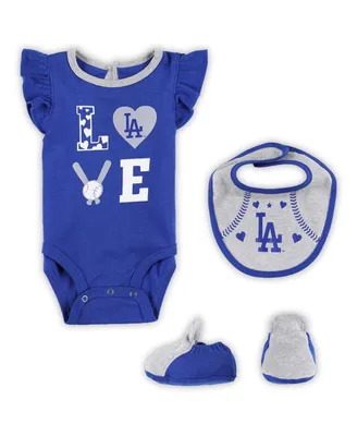 Newborn and Infant Boys Girls Royal, Heather Gray Los Angeles Dodgers Three-Piece Love of Baseball Bib, Bodysuit Booties Set