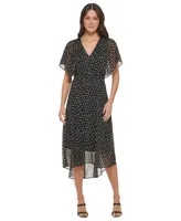 Dkny Women's Printed Flutter-Sleeve Fit & Flare Dress