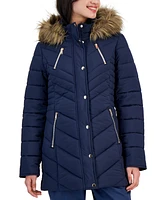 Maralyn & Me Juniors' Faux-Fur-Trim Hooded Puffer Coat, Created for Macy's