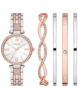 Folio Women's Three Hand Two-Tone 34mm Watch and Bracelet Gift Set, 5 Pieces