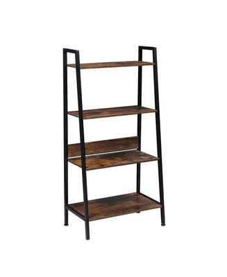 Simplie Fun 4-Tier Ladder Bookshelf Organizer, Rustic Brown Ladder Shelf For Home & Office, Wood