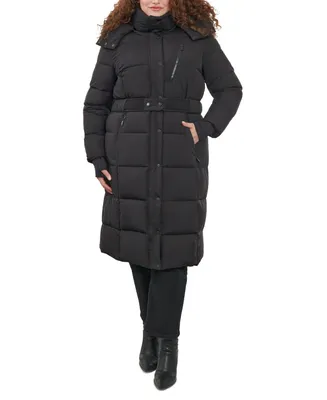 BCBGeneration Women's Plus Belted Hooded Puffer Coat