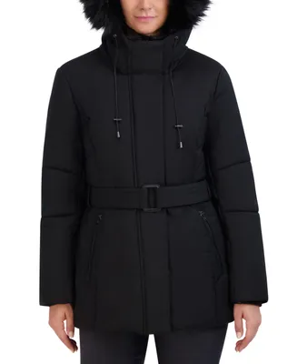 Cole Haan Women's Belted Faux-Fur-Trim Hooded Puffer Coat