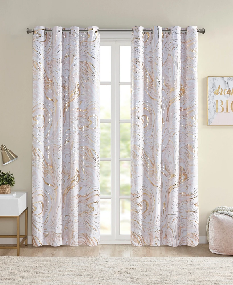 Intelligent Design Rebecca Grommet Top Printed Marble Metallic Total Blackout 1-Piece Curtain Panel, 50" x 63"