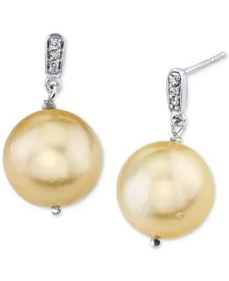 Cultured Golden South Sea Pearl (9mm) & Diamond Accent Drop Earrings in Sterling Silver