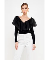 endless rose Women's Mixed Media Mesh Pleated Ruffle Top