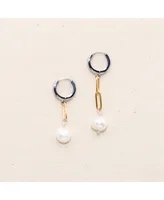 18k Gold Plated Paper Clip Chain and Silver Plated Huggies with Freshwater Pearls - Sake Earrings For Women
