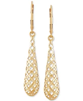 Italian Gold Lattice Work Elongated Teardrop Leverback Drop Earrings in 10k Gold