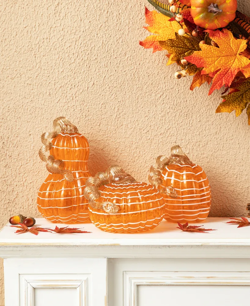 Glitzhome White Lines Glass Pumpkin Gourd, Set of 3