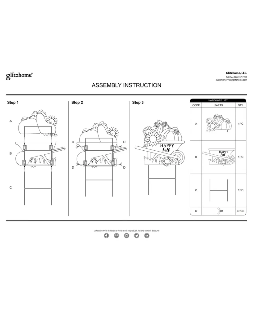 Glitzhome 30" H Fall Metal Wheel Barrow Pumpkin Yard Stake