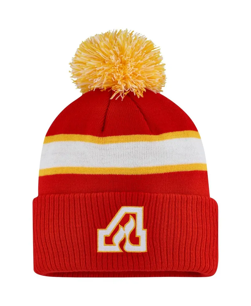 Men's adidas Red Calgary Flames Team Classics Striped Cuffed Knit Hat with Pom