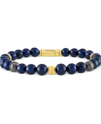 Bulova Men's Marine Star Blue Freshwater Pearl (8mm) & Diamond (1/5 ct. t.w.) Beaded Bracelet in 14k Gold-Plated Sterling Silver