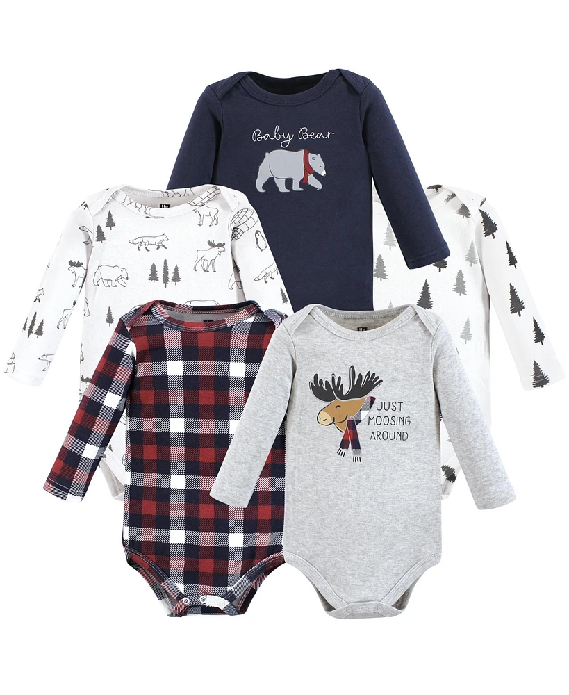 Hudson Baby Boys Unisex Cotton Long-Sleeve Bodysuits, Moosing Around, 5-Pack