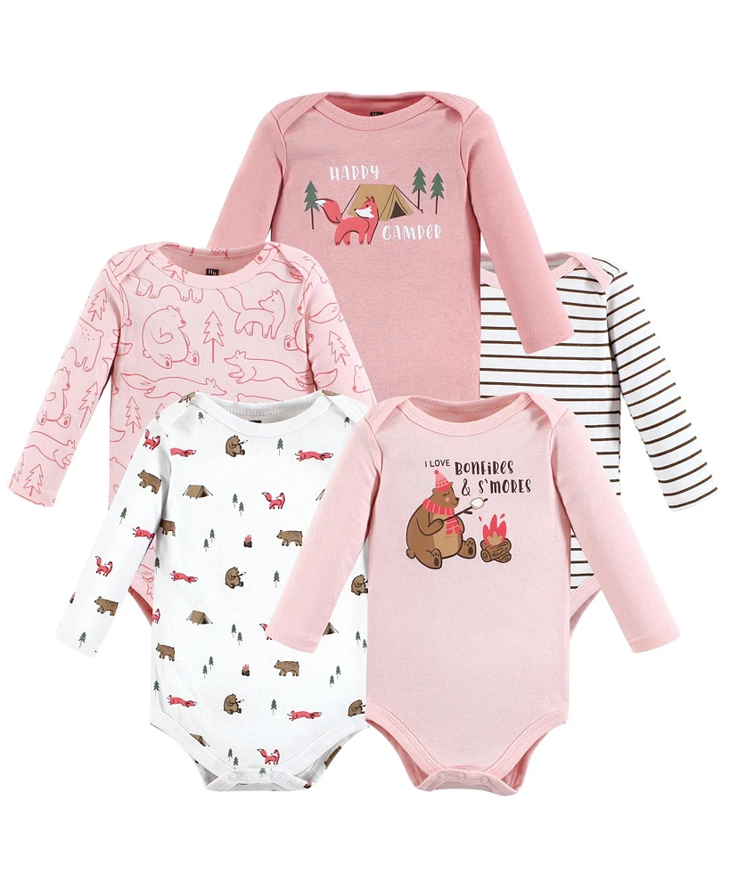 Hudson Baby Girls Cotton Long-Sleeve Bodysuits Camping Animals, 5-Pack