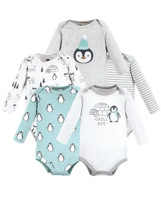 Hudson Baby Boys Unisex Cotton Long-Sleeve Bodysuits, Chill Out Penguin, 5-Pack