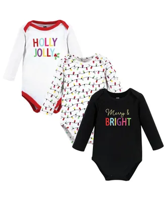 Hudson Baby Girls Cotton Long-Sleeve Bodysuits, Merry and Bright, 3-Pack