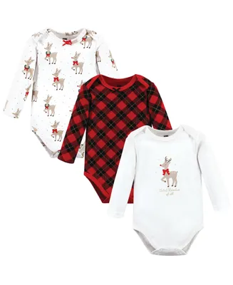Hudson Baby Girls Cotton Long-Sleeve Bodysuits, Fancy Rudolph, 3-Pack