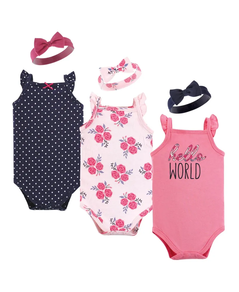 Hudson Baby Baby Girls Sleeveless Bodysuit and Headband Set, Pink Navy Roses, 6-Piece