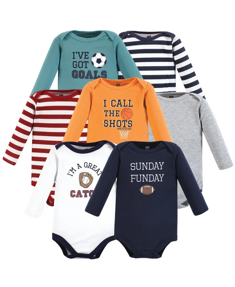 Hudson Baby Boys Unisex Cotton Long-Sleeve Bodysuits, Sports Stripes, 7-Pack