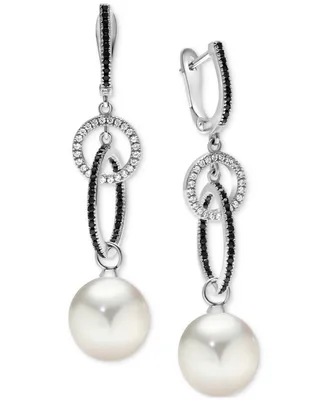 Cultured Freshwater Pearl (11mm), Black Spinel (1 ct. t.w) & White Zircon (1/2 ct. t.w.) Interlocking Drop Earrings in Sterling Silver