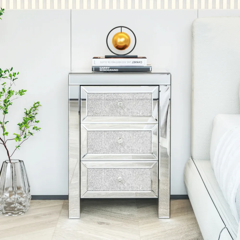 Simplie Fun Mirrored Nightstand, Silver Bedside Tables, Mirrored End Table Side Table For Bedroom Living