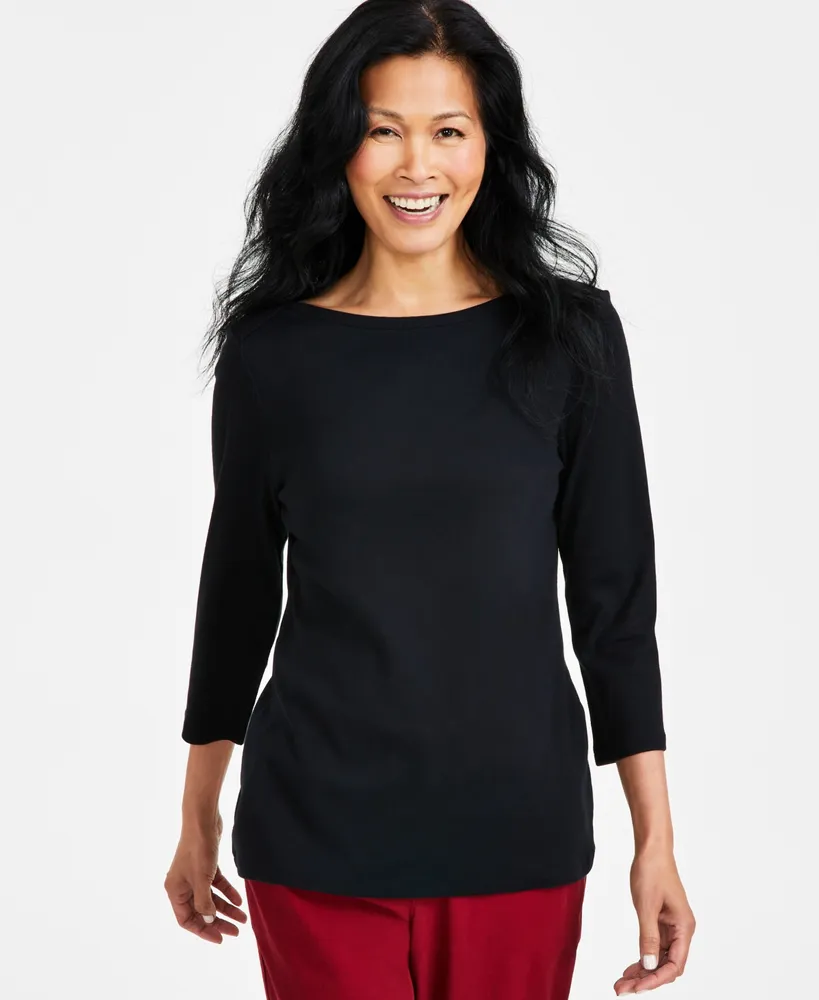 Style & Co Women's Pima Cotton 3/4-Sleeve Boat-Neck Top, Regular Petite, Created for Macy's