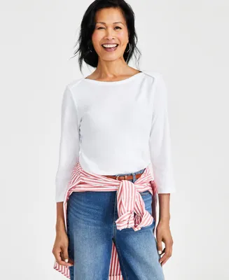 Style & Co Women's Pima Cotton 3/4-Sleeve Boat-Neck Top, Regular Petite, Created for Macy's