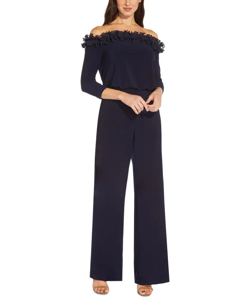 Adrianna Papell Plus Size Off-The-Shoulder Lace Jumpsuit - Macy's