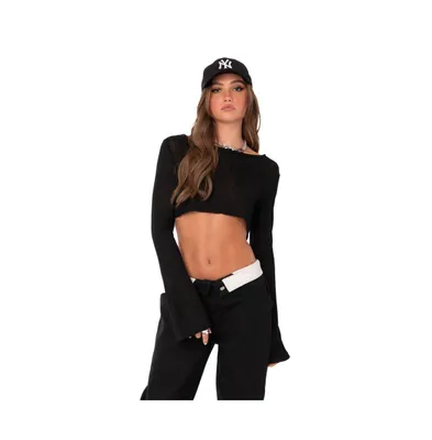 Women's Sheer Crop Top With Long Sleeve And Raw Hem