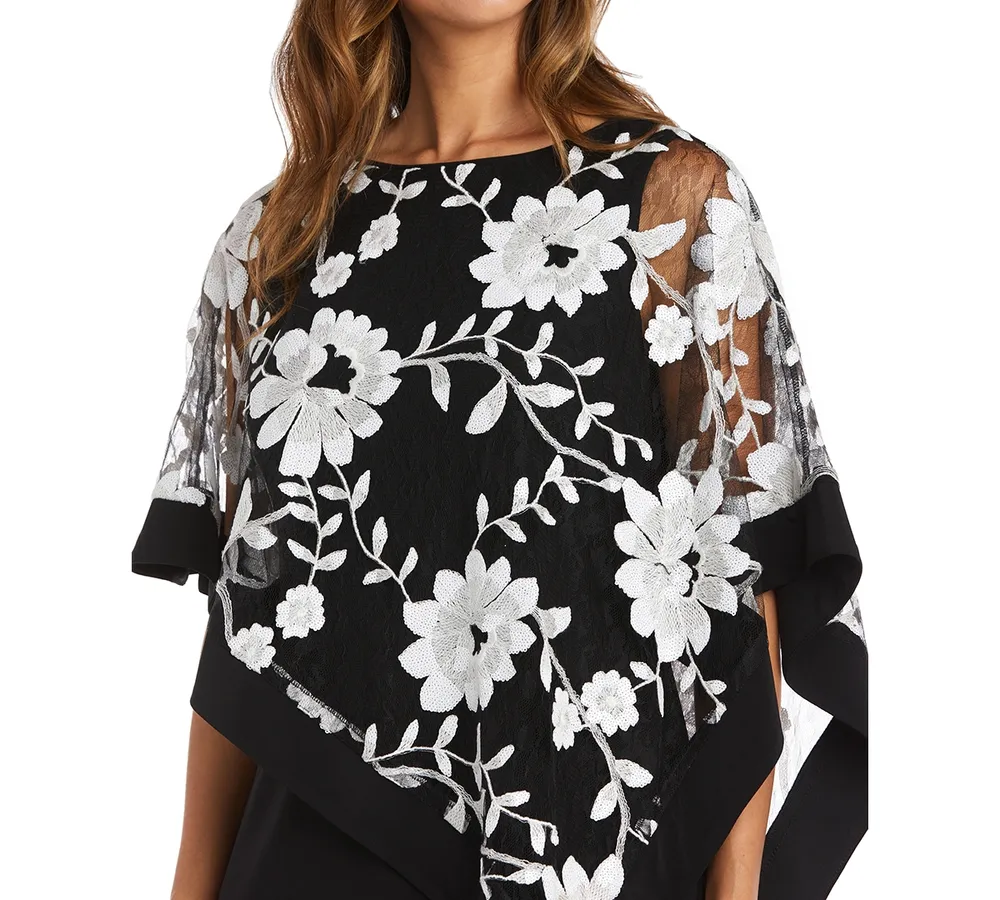 R & M Richards Petite Floral-Embroidered Poncho Dress