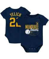 Newborn and Infant Boys Girls Christian Yelich Navy Milwaukee Brewers Slugger Name Number Bodysuit