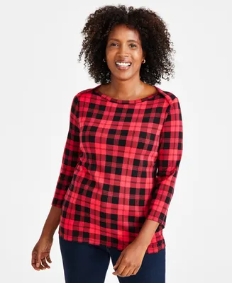 Style & Co Women's Plaid 3/4-Sleeve Pima Cotton Knit Top, Regular Petite, Created for Macy's