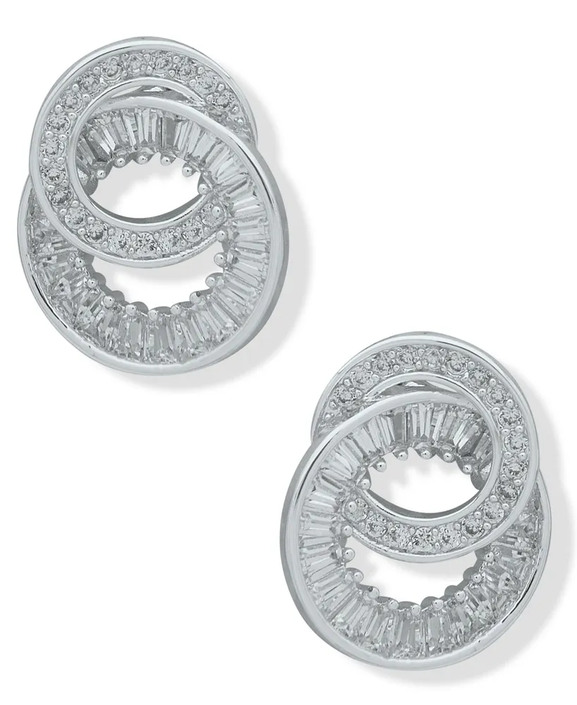 Anne Klein Silver-Tone Cubic Zirconia Double Circle Button Earrings