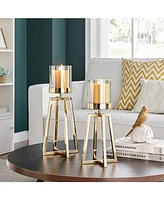 Danya B Maeve Tinted Glass Warm Pedestal Hurricane 2-Piece Candle Holders Set