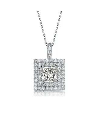 Rachel Glauber White Gold Plated with Princess Cut Cubic Zirconia Solitaire Double Halo Cluster Pendant Necklace
