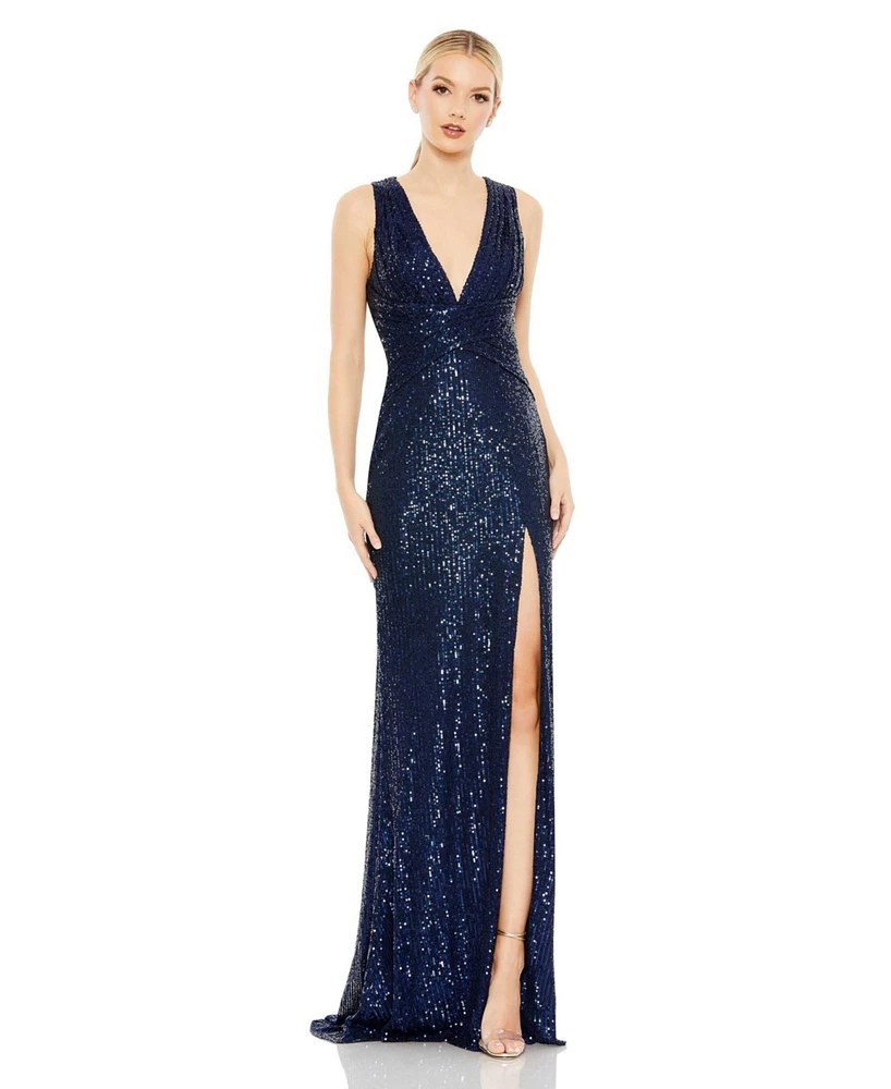 Mac Duggal Women's Ieena V-Neck Sequin Wrap Waist Gown