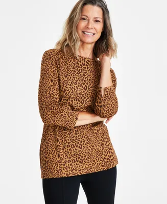 Style & Co Women's Small Textured Leopard Pima Boat-Neck Top, Regular & Petite, Created for Macy's