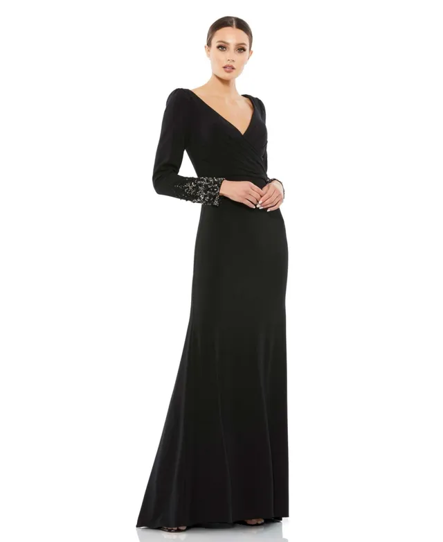 cute cheap formal dresses Embroidered Applique Wrap Over Flutter Sleeve Gown