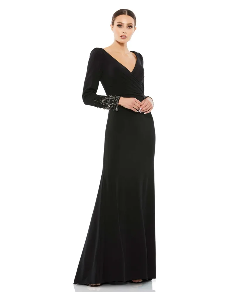 Mac Duggal Women's Beaded Cuff Long Sleeve Wrap Over Trumpet Gown