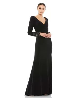 Women's Beaded Cuff Long Sleeve Wrap Over Trumpet Gown