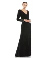 Mac Duggal Women's Beaded Cuff Long Sleeve Wrap Over Trumpet Gown