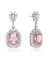 Genevive Sterling Silver with White Gold Plated Morganite Cushion with Clear Cubic Zirconia Halo Drop Earrings