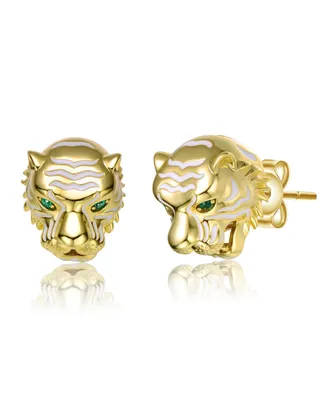 Rachel Glauber 14k Yellow Gold Plated with Emerald Cubic Zirconia White Enamel Roaring Tiger Head 3D Stud Earrings