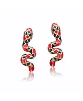 Rachel Glauber 14k Yellow Gold Plated with Ruby Cubic Zirconia Black & Red Enamel 3D Slithering Curling Snake Earrings