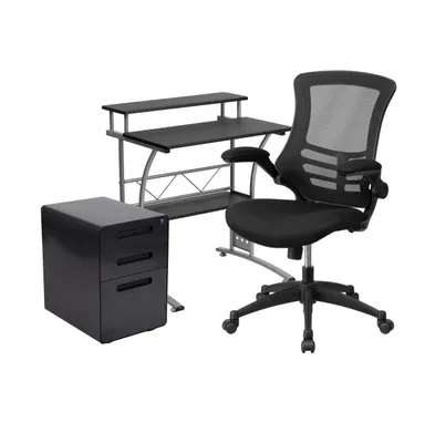 Emma+Oliver Work From Home Kit-Computer Desk, Ergonomic Mesh Office Chair, Filing Cabinet